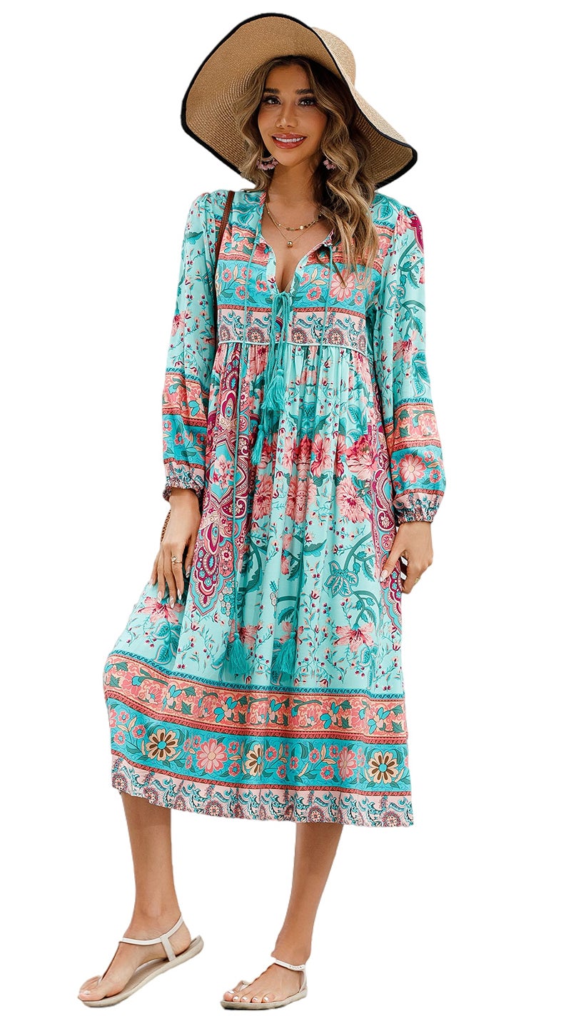 R.Vivimos Women's Long Sleeve Floral Print Retro V Neck Tassel Bohemian Midi Dresses (Small, LightCyan) - Image 1